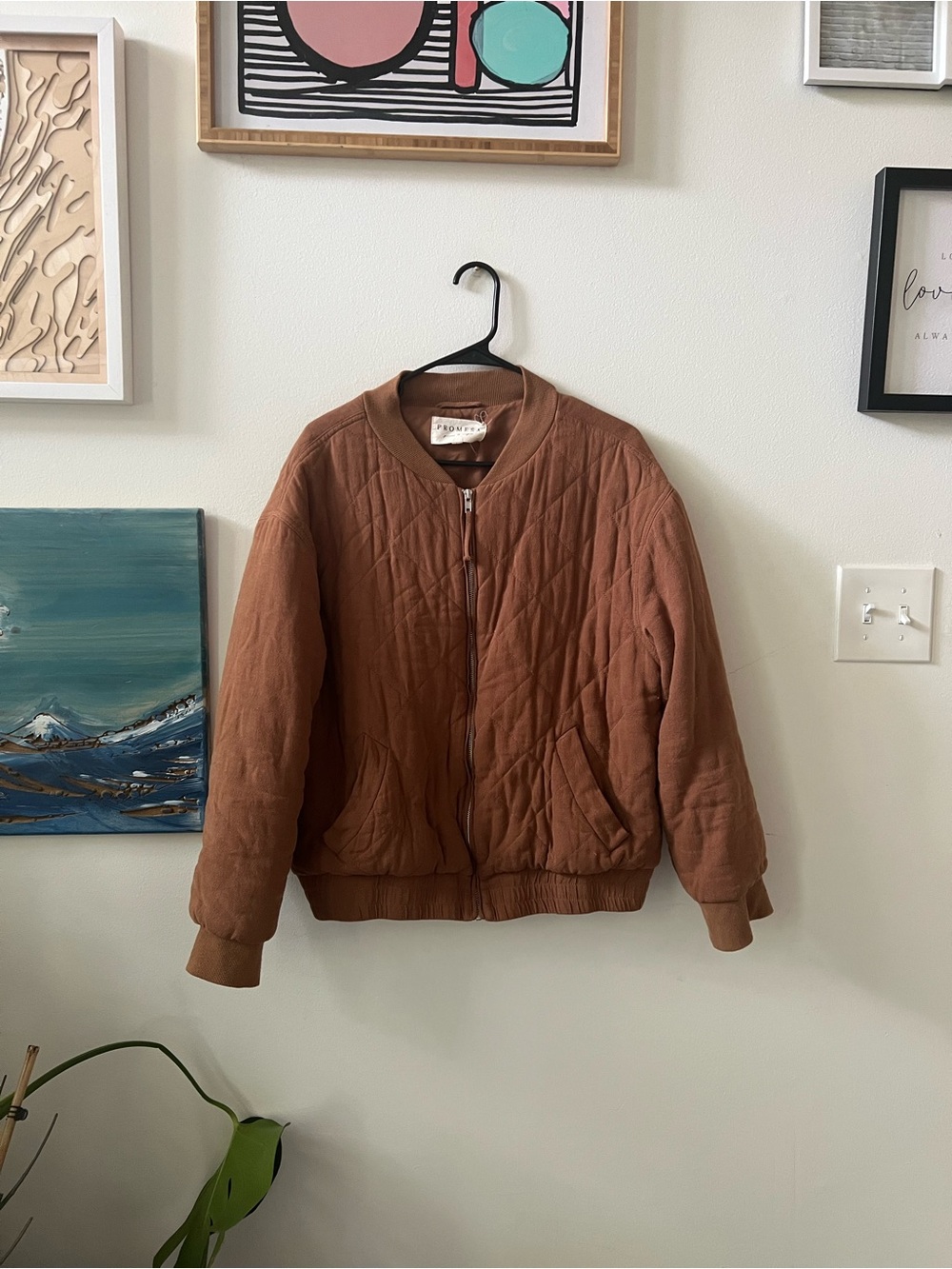Promesa Brown Quilted Bomber Jacket Women’s Large Rust Boho Lightweight - Picture 2 of 4